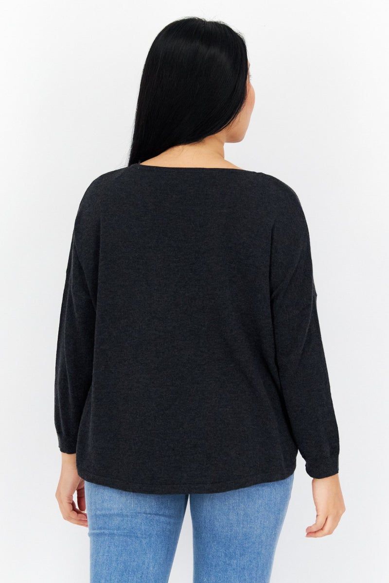 COMMA Women Bateau Neck Long Sleeves Plain Sweatshirt, Charcoal - Image 4